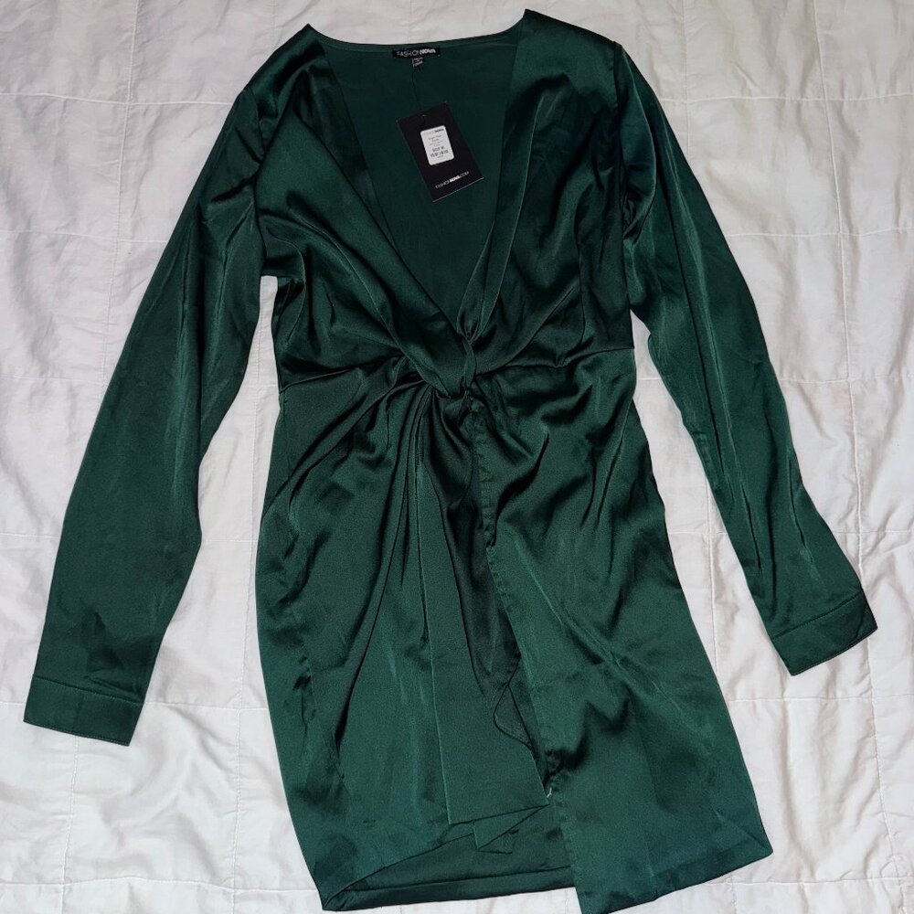 Fashion Nova Sugar Free Dress Hunter Green Satin Mini Dress M